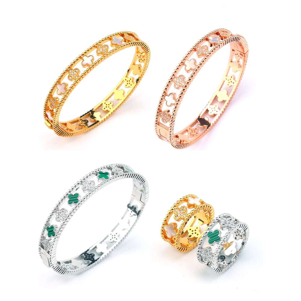 Fashion Casual Lucky Four-Leaf Agate Bracelet Ring Set Micro Pave Zirconia Small Elegant Hand Jewelry ddmypluto