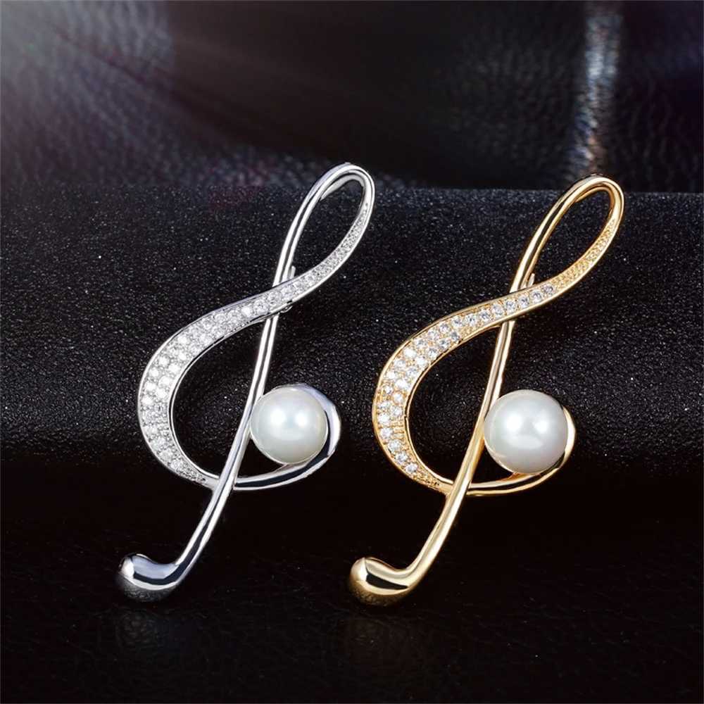 Elegant Rhinestone Musical Note Metal Brooch Fashion Imitation Pearl Corsage Lapel Pins Clothing Jewelry Party Accessories Gift D250918