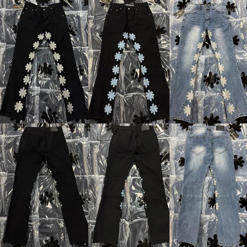 Men's Jeans LOST SHDWS Fall Winter Men Women Personality Trend Embroidery Flower Pattern Denim Pants Splicing Micro Bell Bottoms
