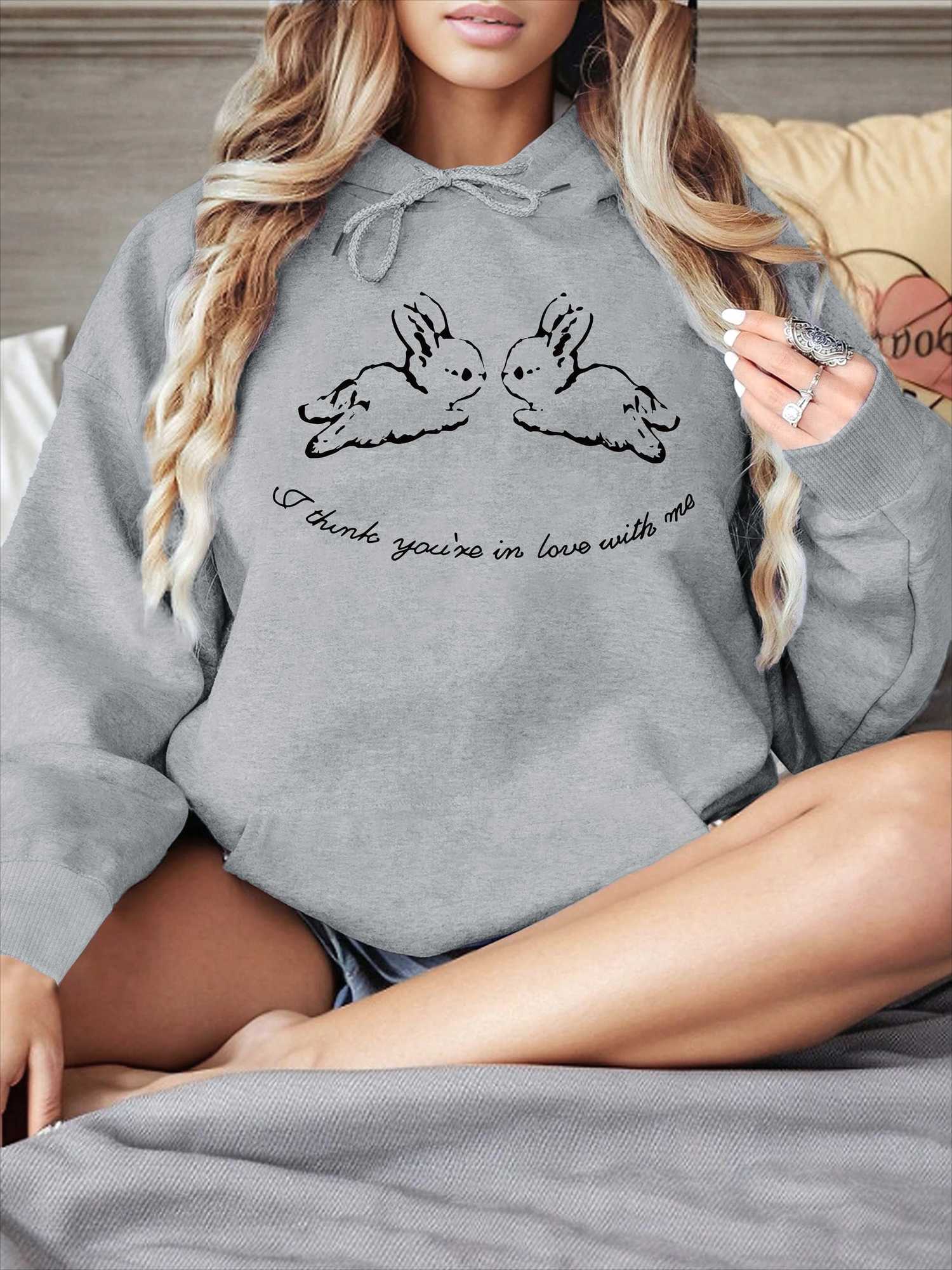 Running Rabbit Printed 2025 Autumn Winter Womens Hoodie Top Round Neck Long Sleeve New Womens Sweatshirt ClothingZ250918
