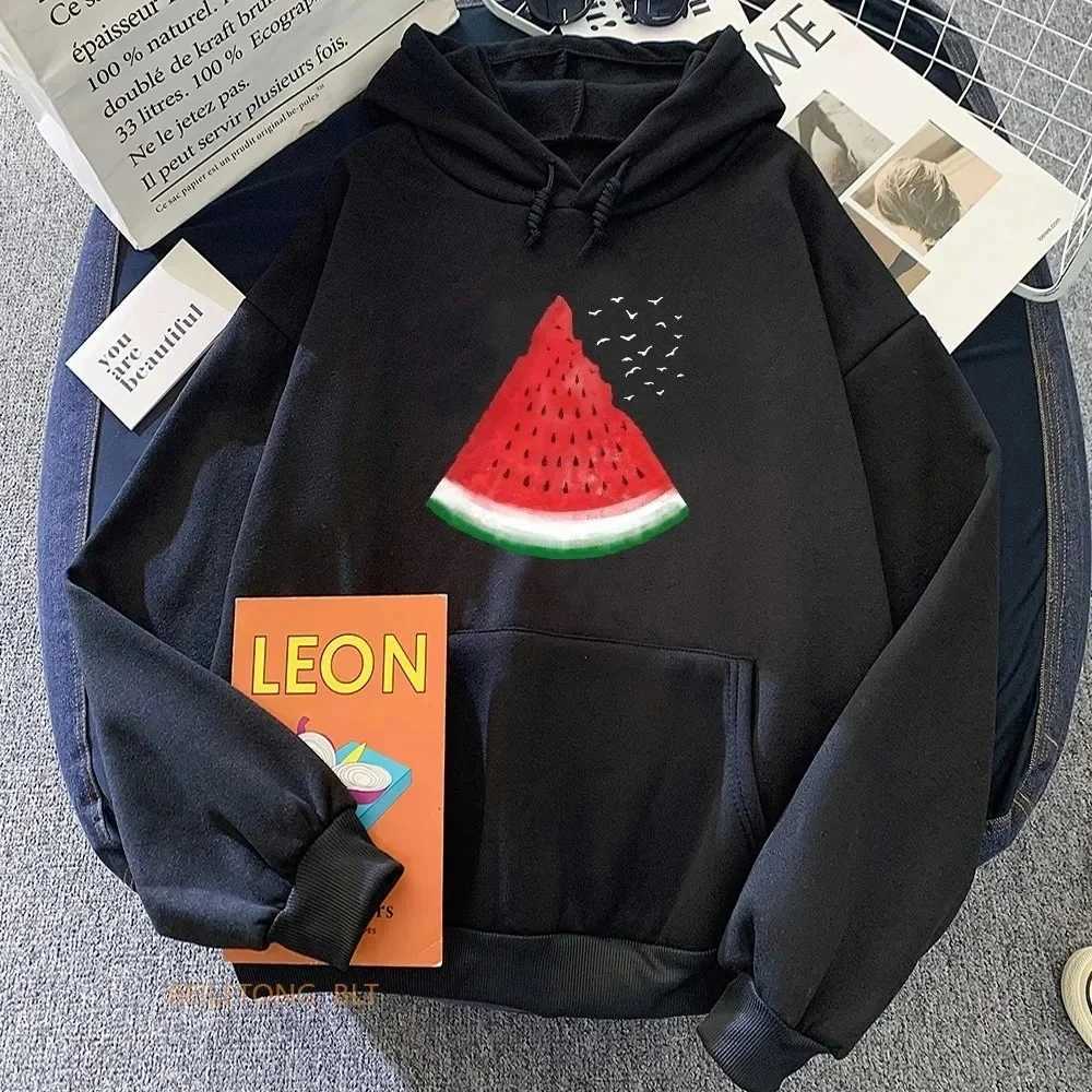 2025 Autumn and Winter Womens Watermelon Pattern Printed Sweatshirt Round Neck Long Sleeved Casual Hooded Womens ClothingZ250918