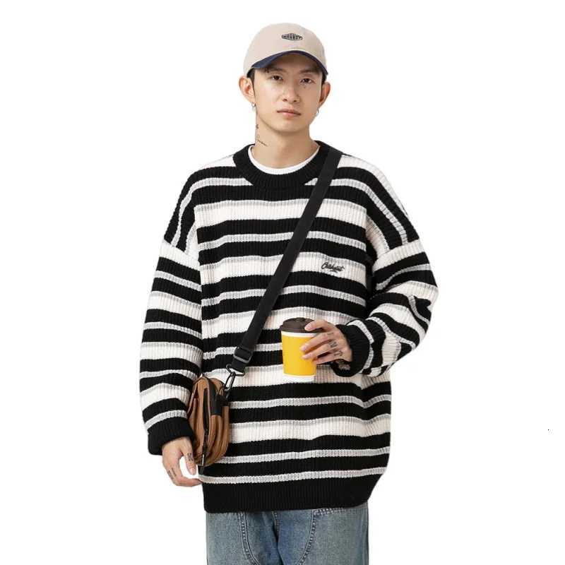 Autumn Winter Sweater Men Retro Contrasting Striped Knitwear Embroidery Loose Round Neck Long Sleeve Knitted Sweater JacketZ250918