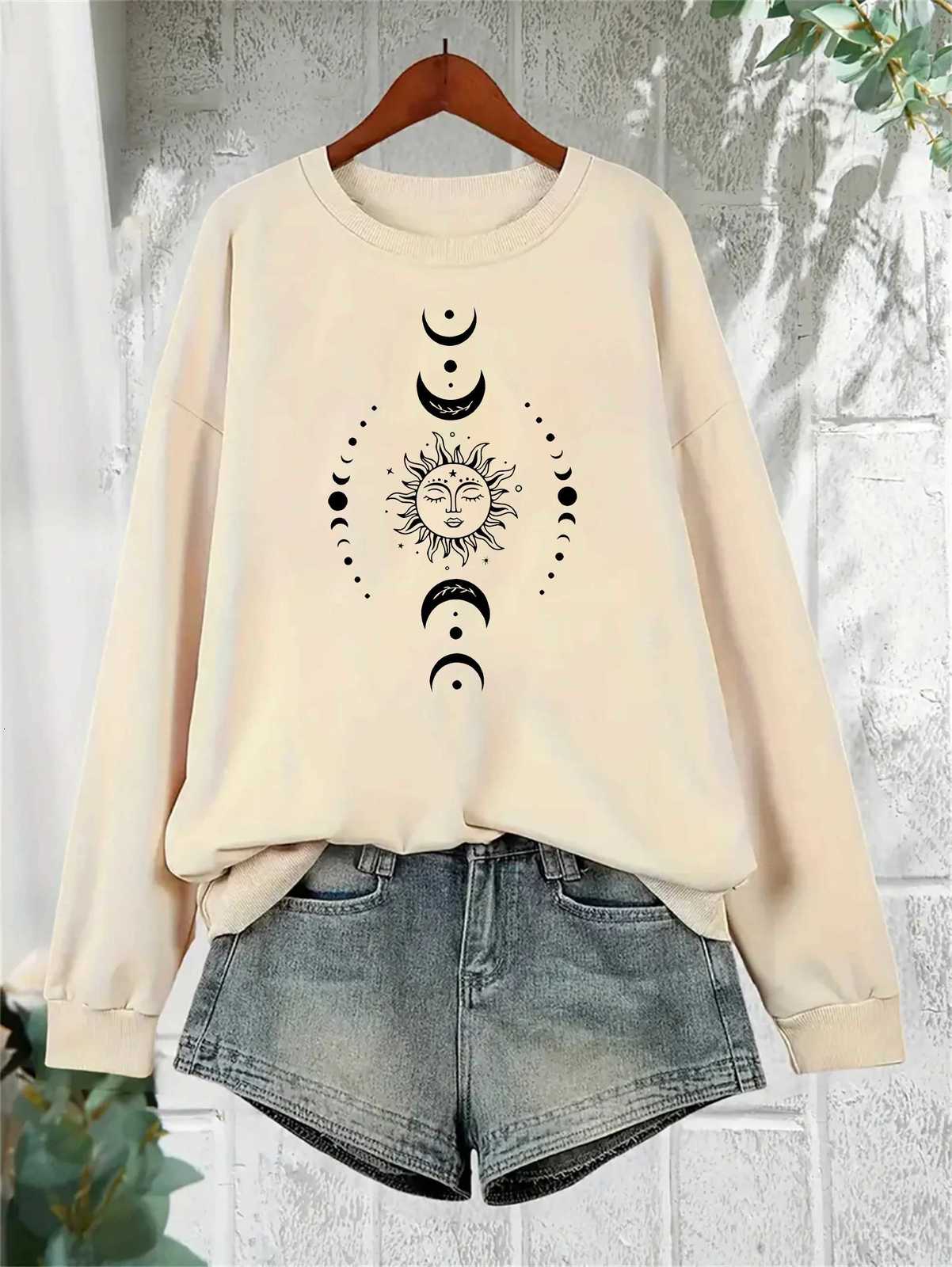 women Hoodies Celestial Moon Sweatshirt Womens Celestial Moon Stars Print Long Sleeve Round Neck Sweatshirt AllZ250918