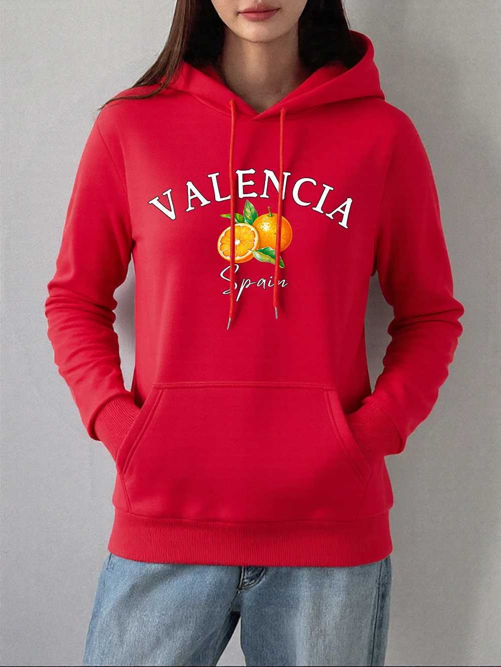 Valencia Spain Orange Printed Hoodie Women Winter Fleece Warm Pullovers Basics Pocket Sweatshirts Casual Loose Womans ClothesZ250918