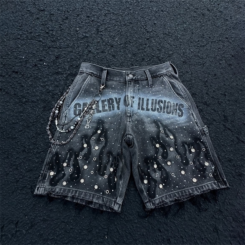 Y2K Fashion Distressed Jeans Retro Rhinestone Flame Pattern Printing Casual Washed Denim Shorts Men Women High Waist Streetwear 250917