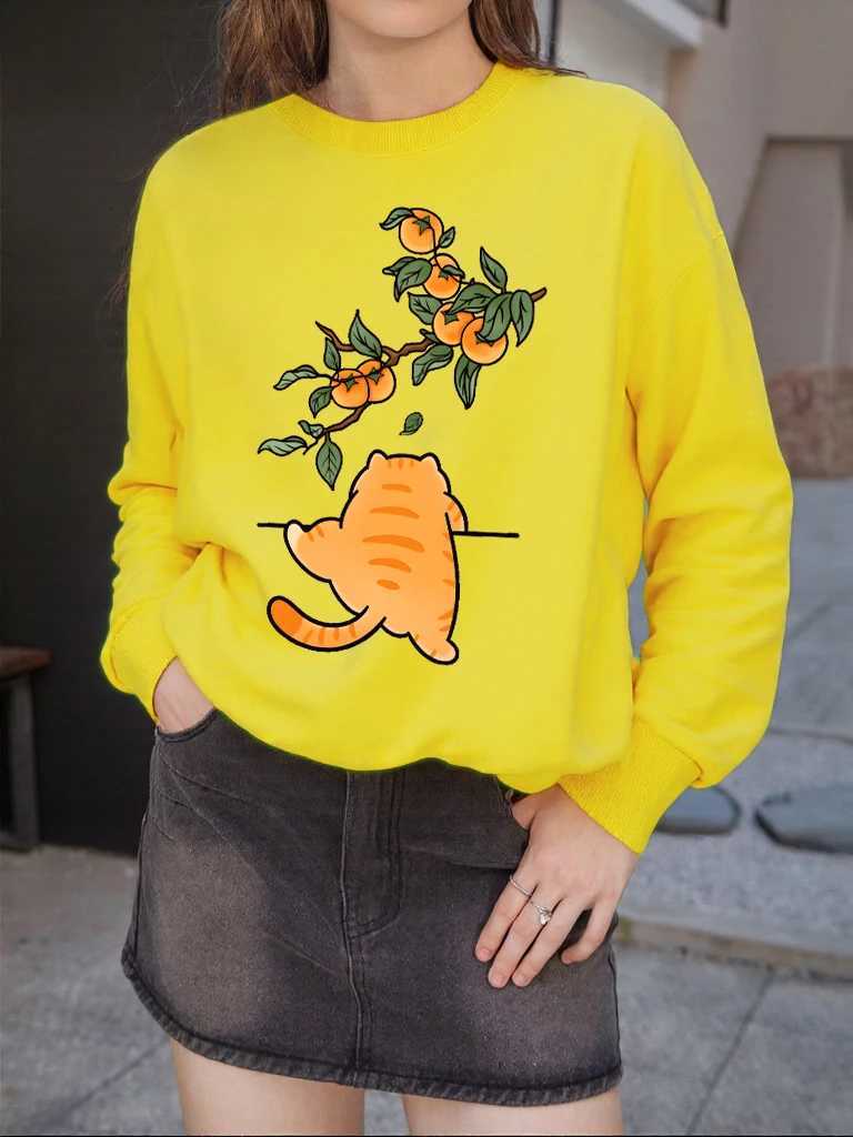 Persimmon Cartoon Orange Cat Print Sweatshirt Women Autumn Casual Sportswear Hipster Soft Pullover AllMatch Hip Hop ClothesZ250918