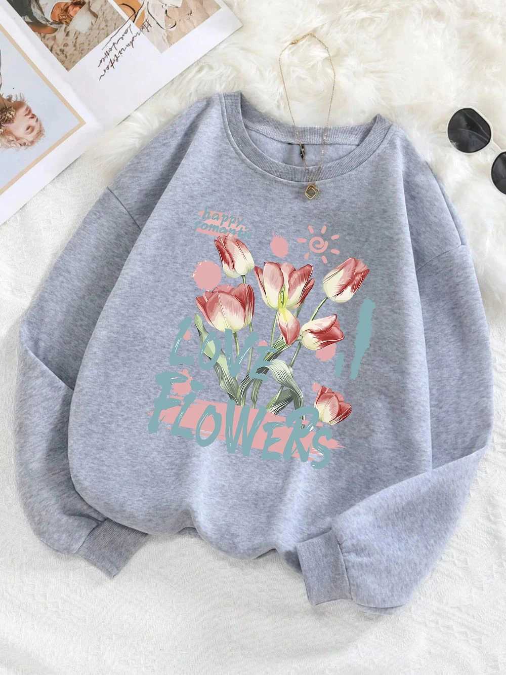 Happy Romantic Love Flowers Print Woman Sweatshirt Loose Oversized Long Sleeved ONeck Fleece Pullover AllMatch Soft TracksuitZ250918