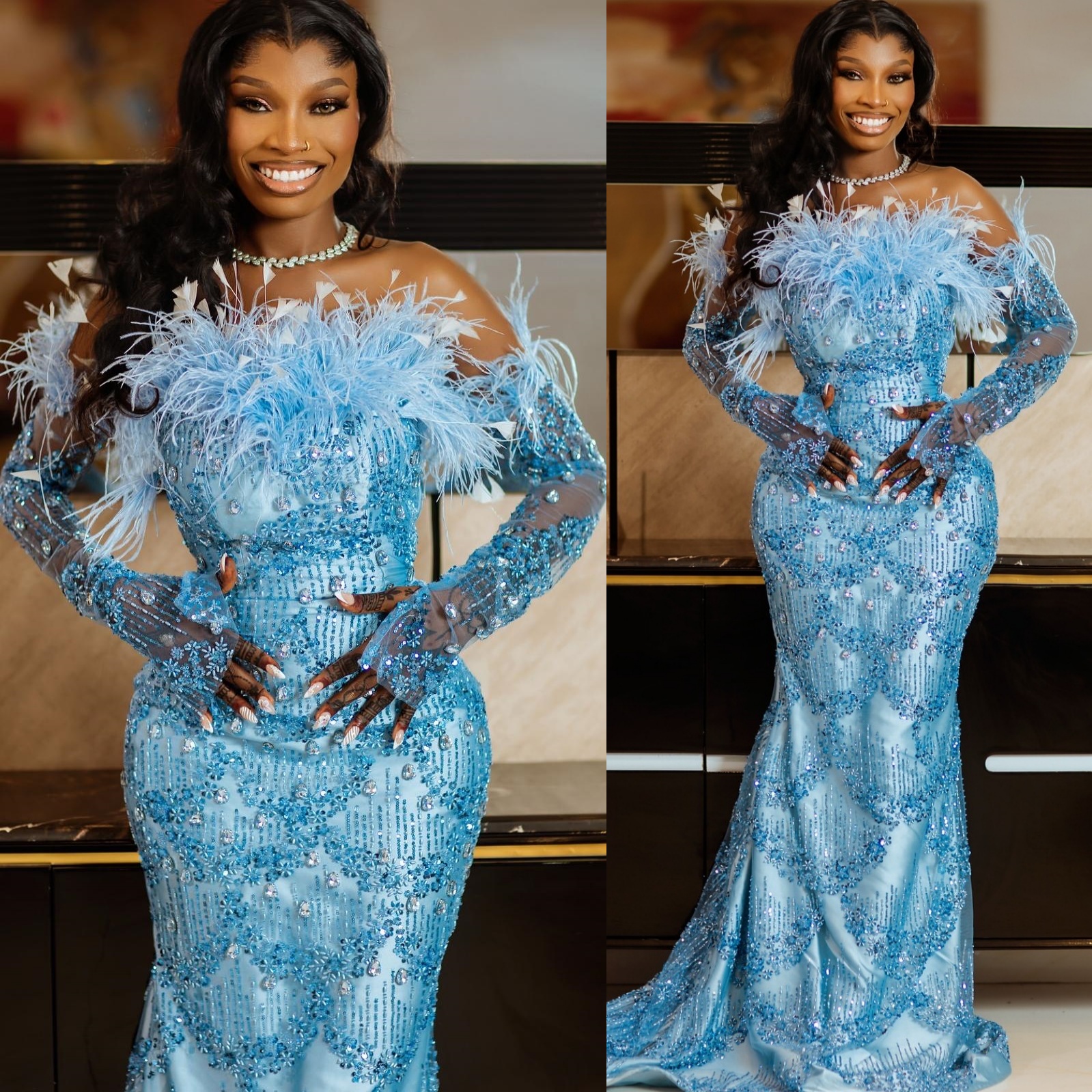 Sky Blue Mermaid Prom Dresses 2025 Crystals Feather Strapless Sequined Evening Formal Party Second Birthday Engagement Gowns Plus Size Dress For Speci