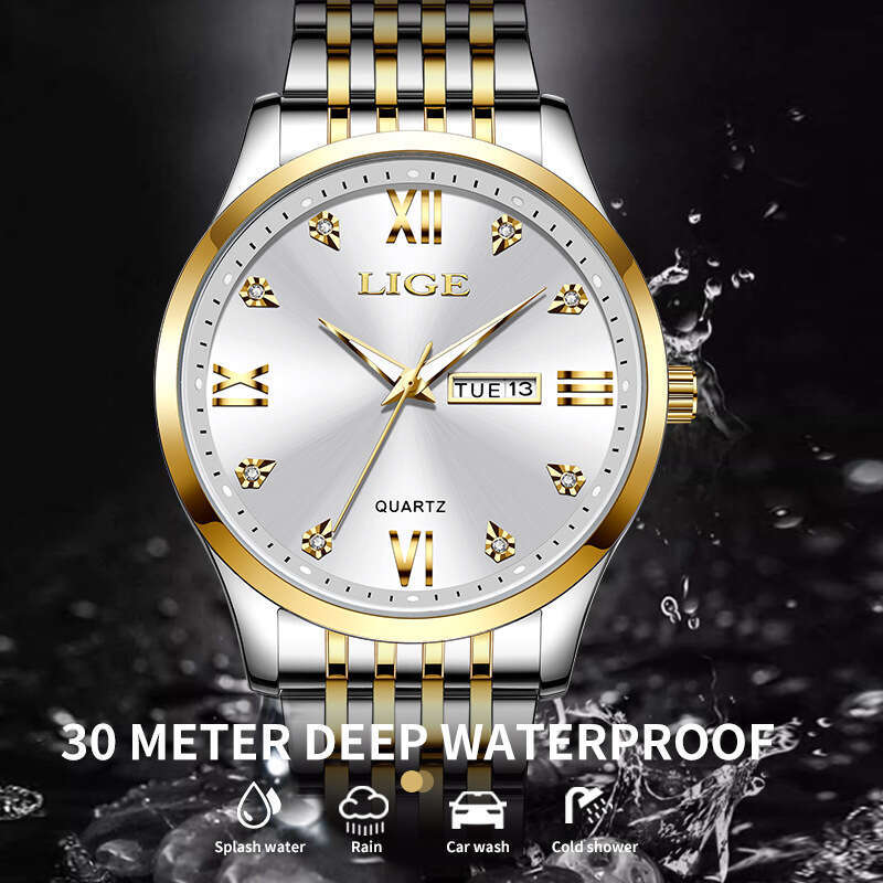 LIGE Business Simple Large Dial Men's Waterproof Luminous Dual Calendar Steel Band Quartz Watch