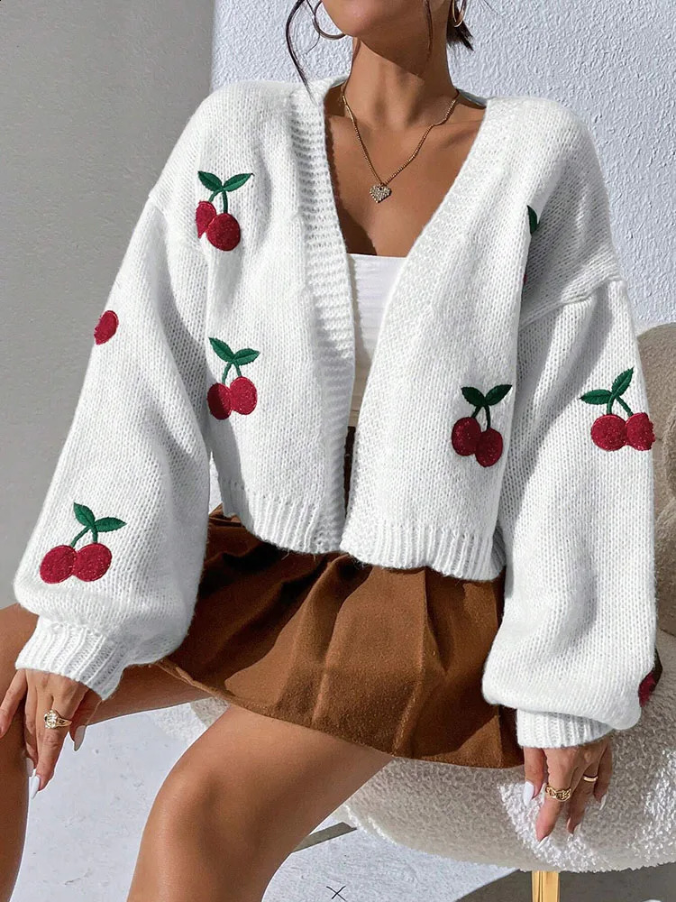 Fashionable low shoulder cherry embroidery pattern cardigan sweater womens loose jacket knitted sweater 250918