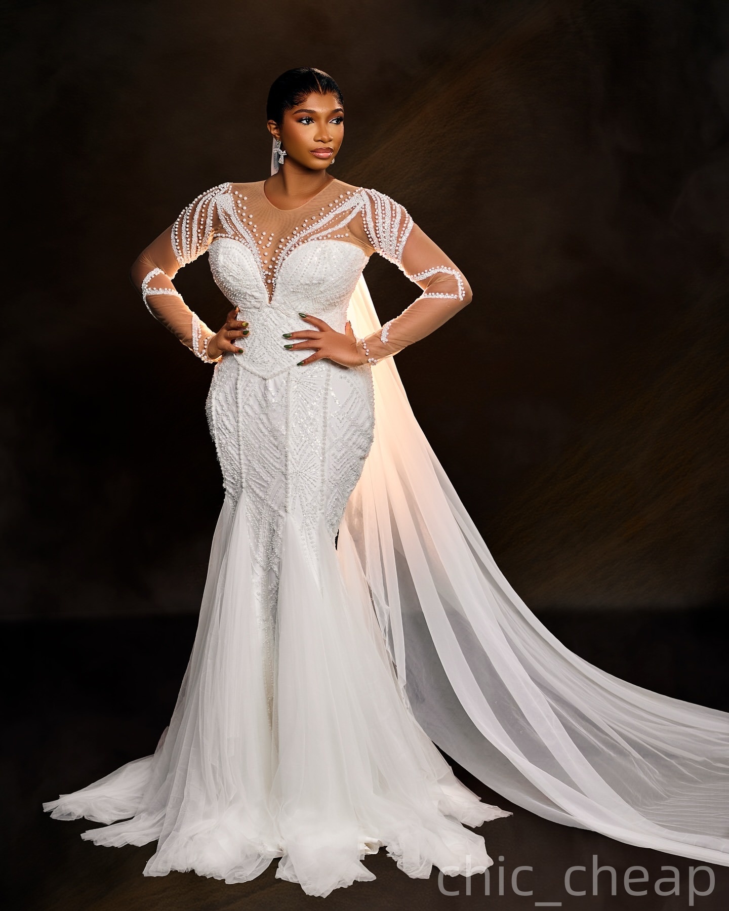 2025 Aso Ebi Plus Size Ivory Mermaid Wedding Dress Beaded Pearls Sheer Neck Full Sleeves Tulle Vintage Bridal Gowns Dresses ZJ0466