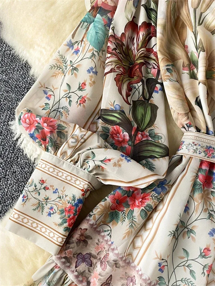 France Fashion Vintage Senior Print Dress Women Lantern Sleeve Single Breasted Ladies Clothes Elegant Lace Up n Dress 250917