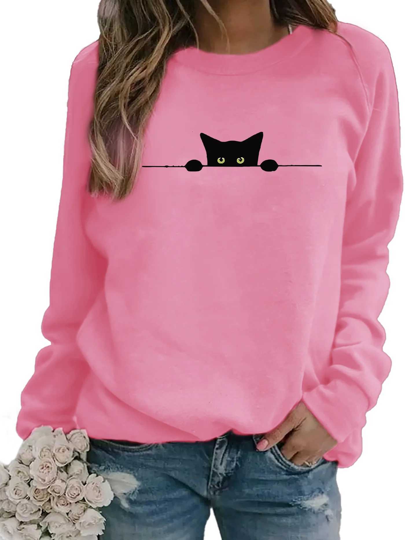 Womens Casual Blackcat Print Pullover Sweatshirt Geometric Design Long Sleeve Round Neck Machine Washable Regular Fit for AutumZ250918