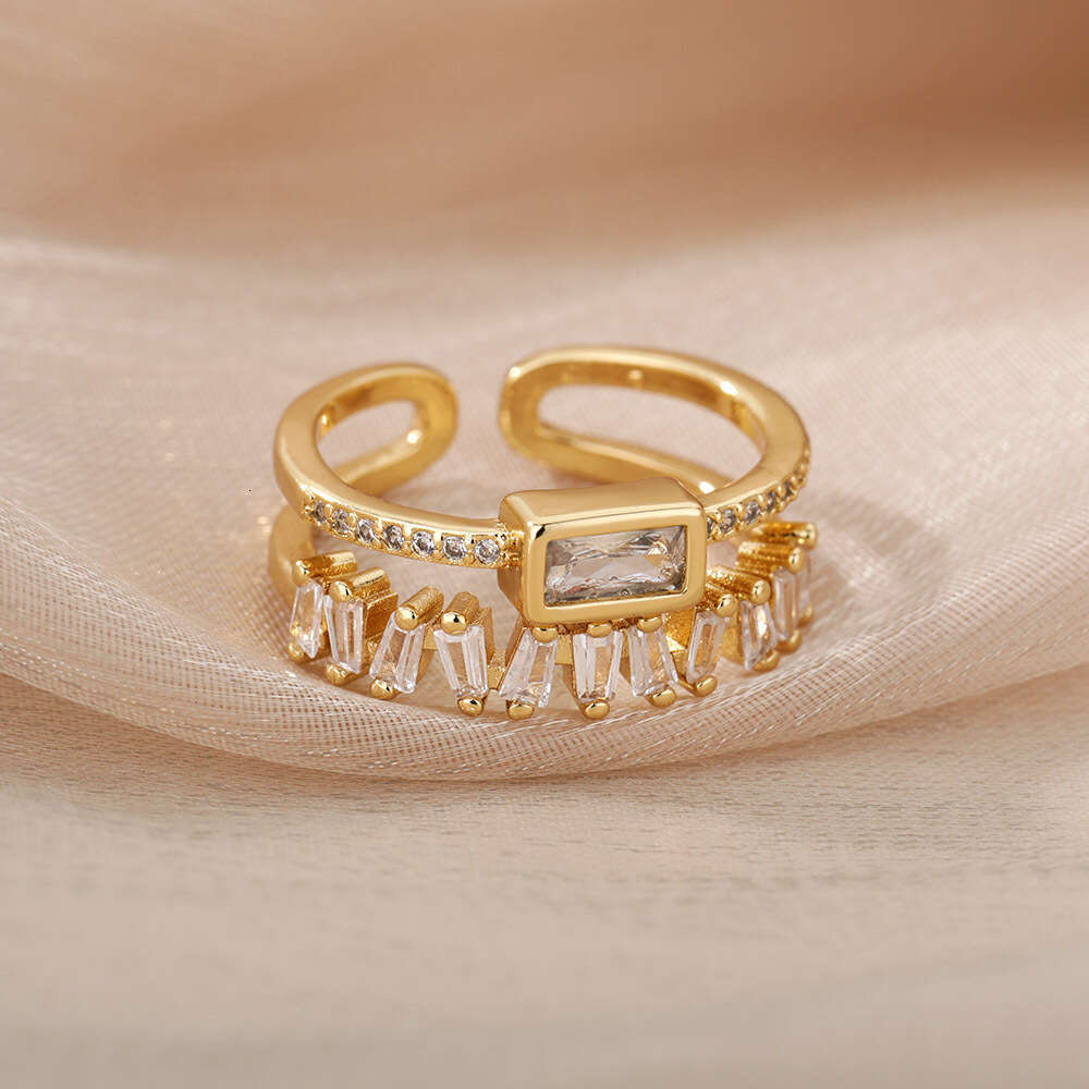 Geometric Double Layer with Micro Paved Zircon, T-shaped Zircon Fashion Tail Ring for Women