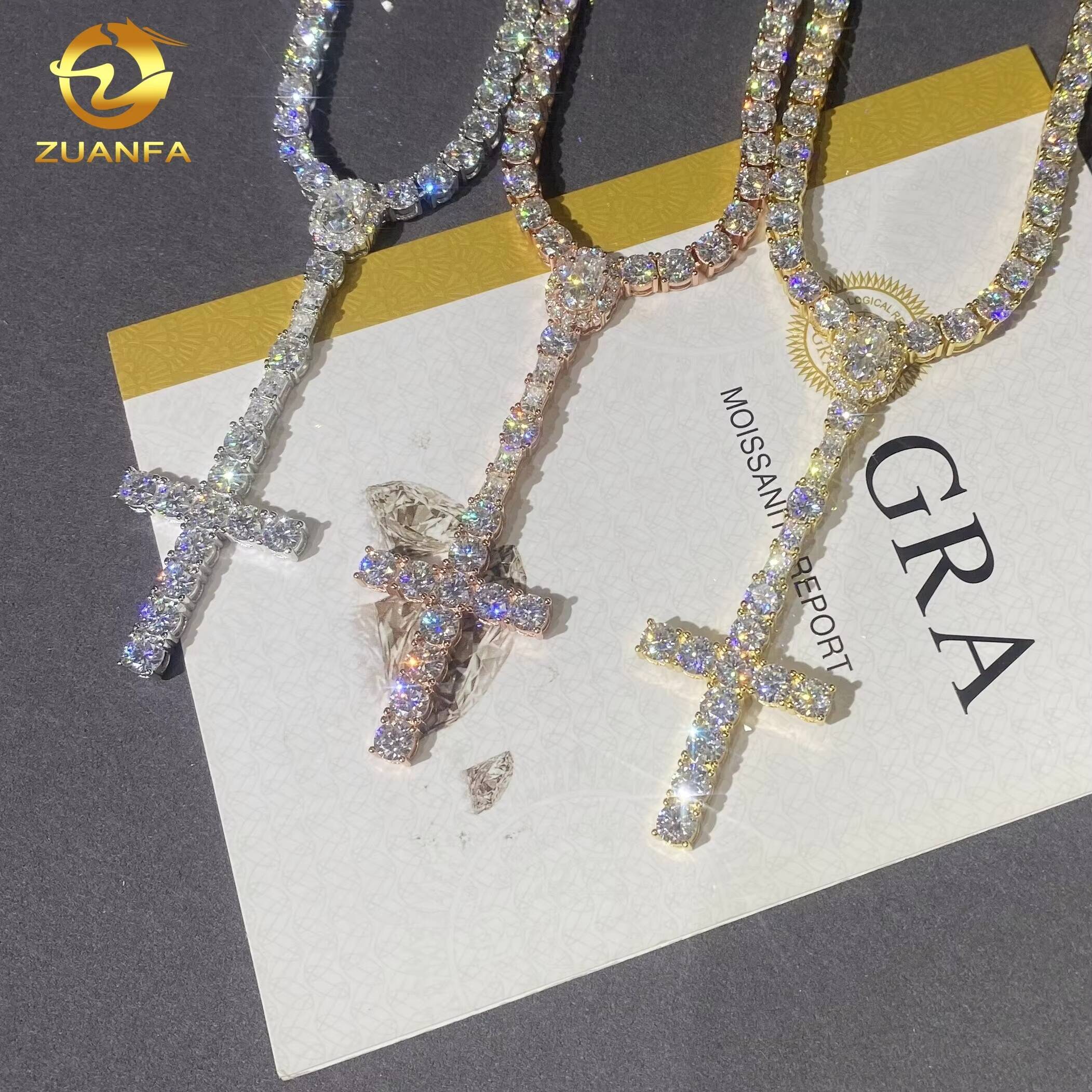 5mm VVS D Moissanite Diamond Fine Hip Hop Jewelry 925 Silver Iced Out Oval Cut Diamond Cross Pendant Tennis Chain Necklace