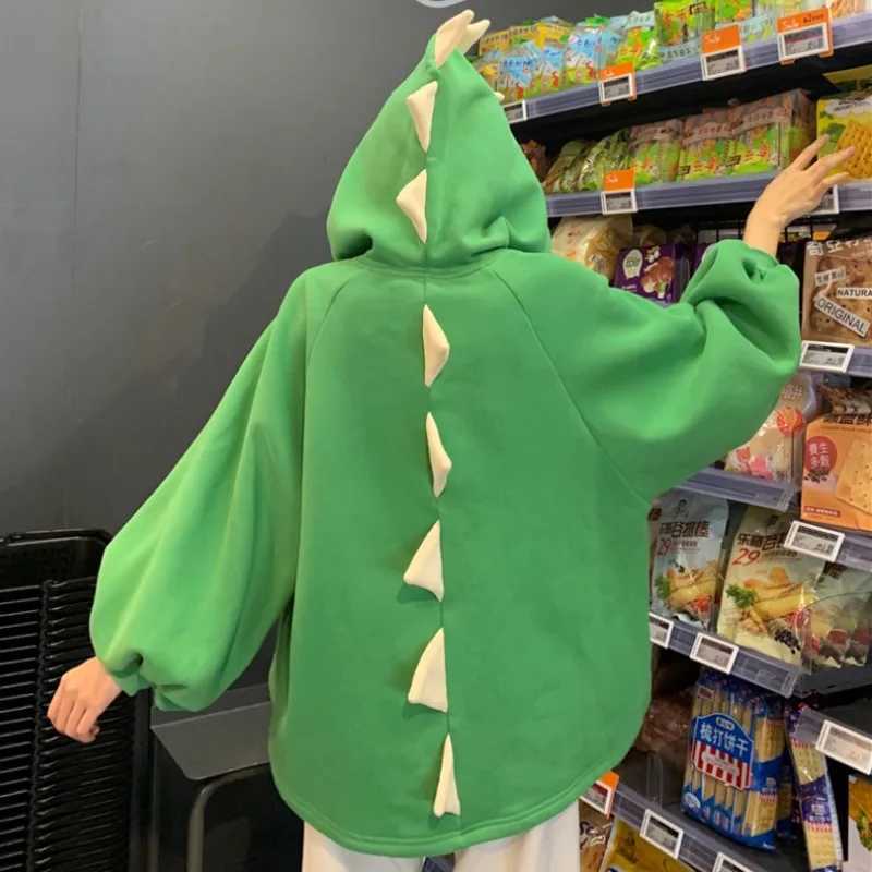 Autumn Women Cartoon Dinosaur Horn Cap Hoodies Harajuku Sweatshirts Cute Front Short Back Long Halloween Dragon Shape PulloversZ250918