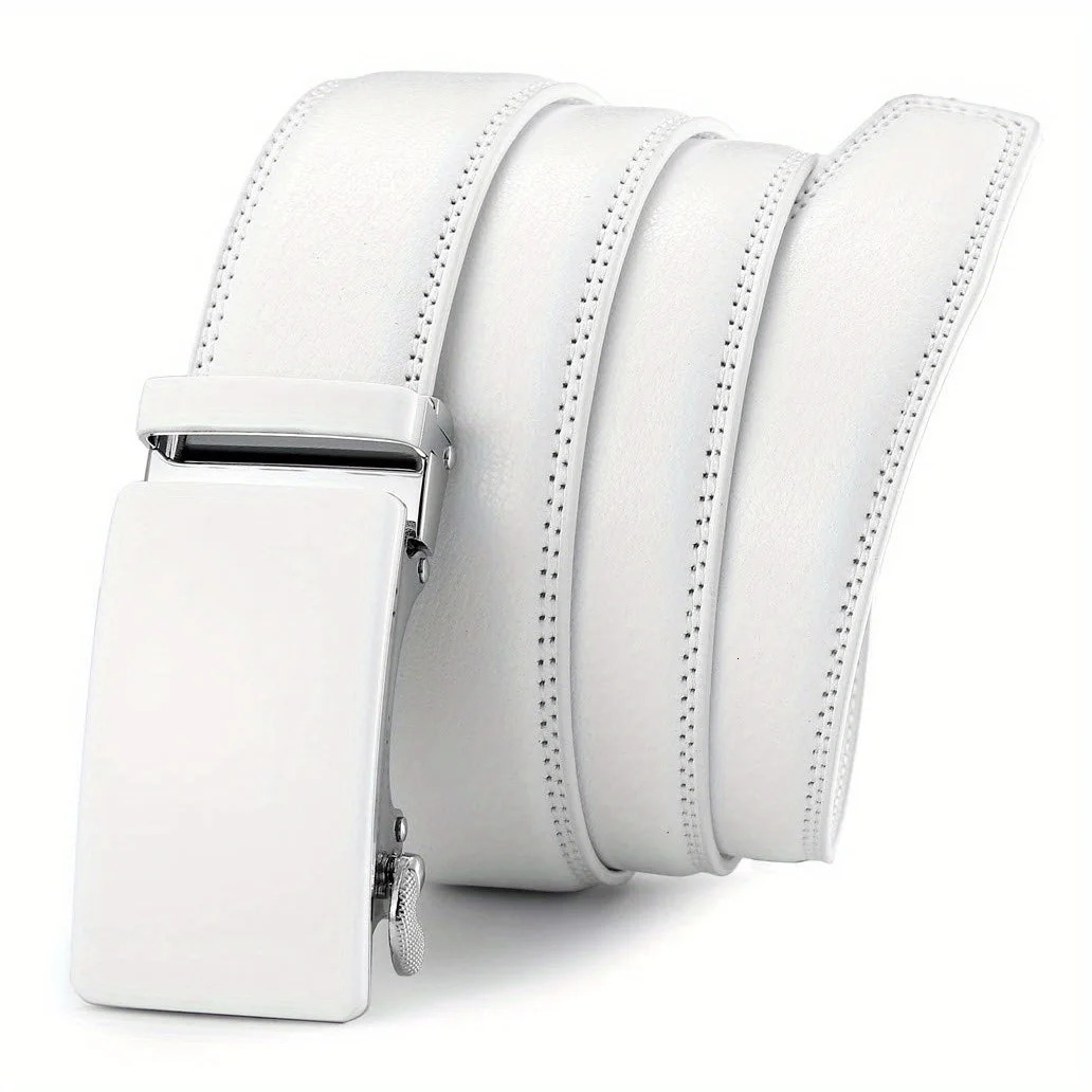 White Leather Mens Belt Ratchet Dress with Automatic Buckle Trim To Fit35mm Wide 250917