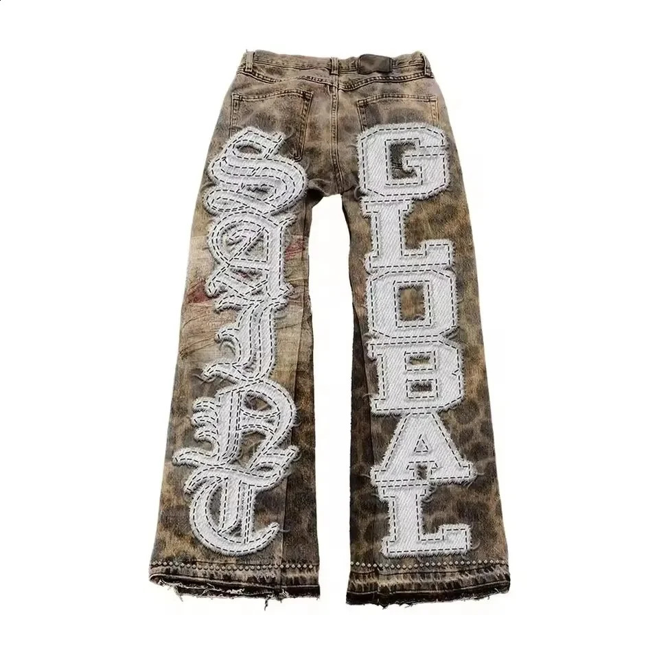 Gothic Retro Camouflage Leopard Jeans Jacket Two Piece Y2K Suit Letter Patchwork Embroidery Oversized Coats Trousers Clothes 250918