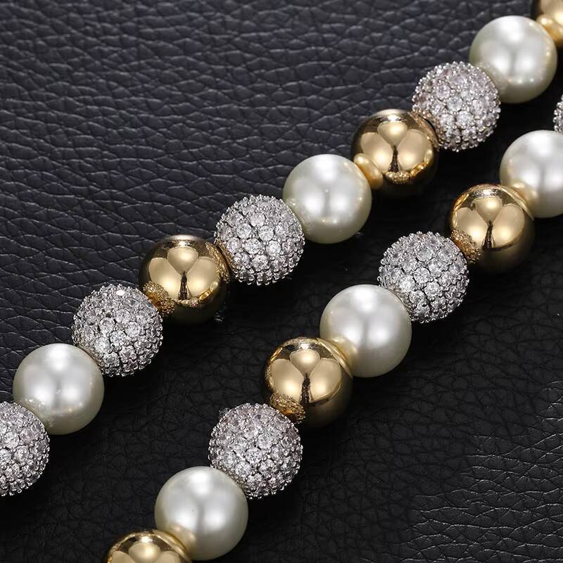 Trendy Hip Hop Iced Out Bead Pearl Necklace 18K Gold Plated Beaded Chain for Men and Women Fashion Jewelry