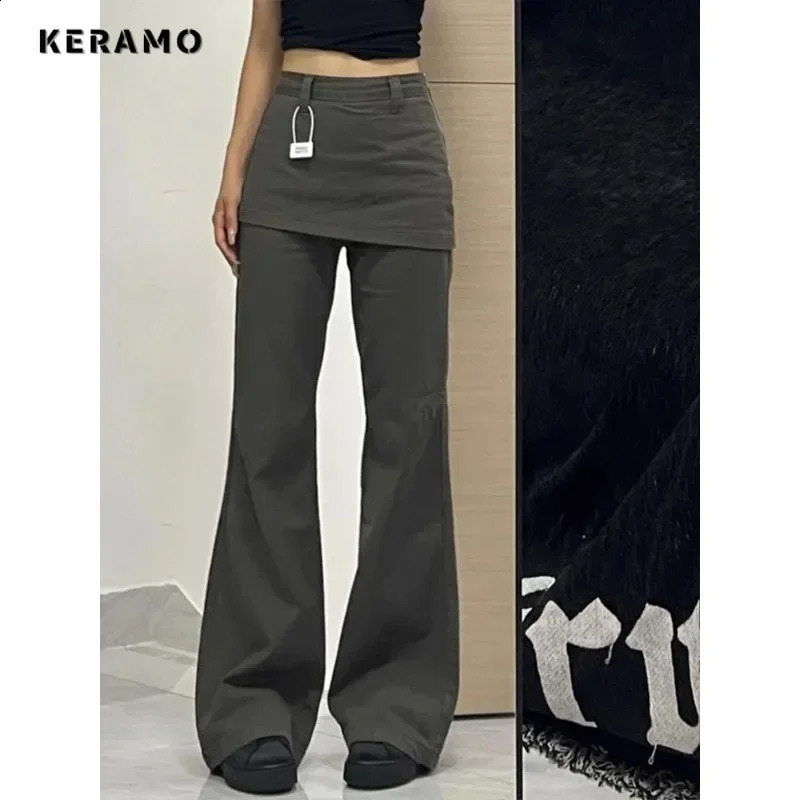 Harajuku Patchwork High Waist Flared Jeans Female Retro Green Y2K Pants Hight Street Womens Vintage Solid Color Denim Trouser Z260313