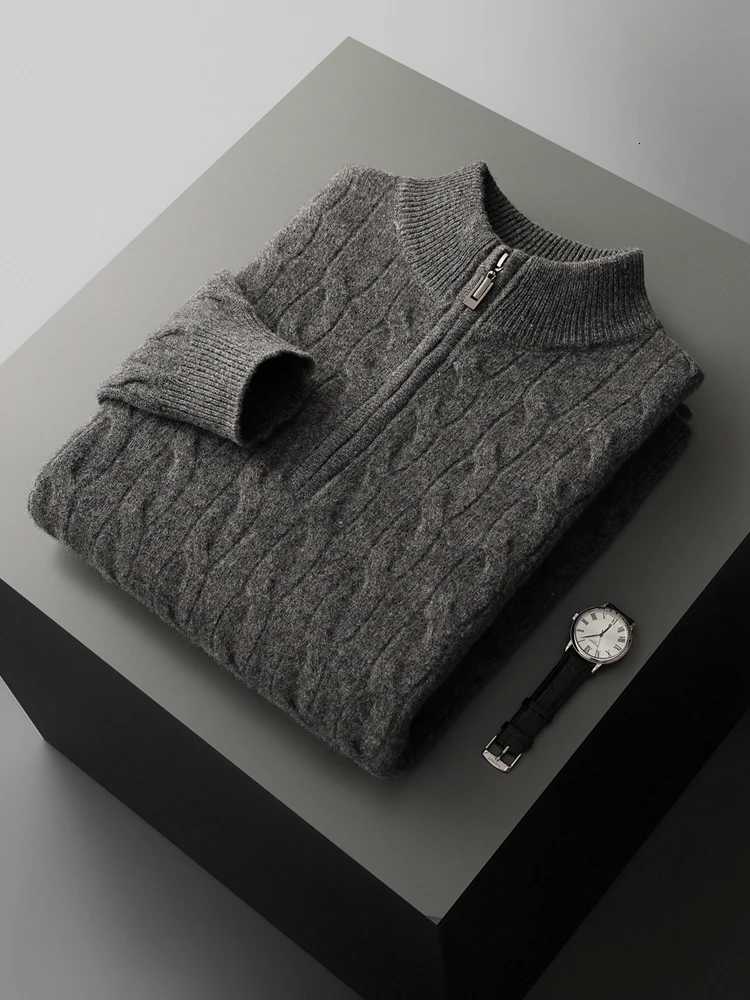 Autumn Winter Men Half Zippers 100 Merino Wool Sweater Thicken Twist Flower Pullover Retro Casual Cashmere Knitwear Solid TopsZ250918