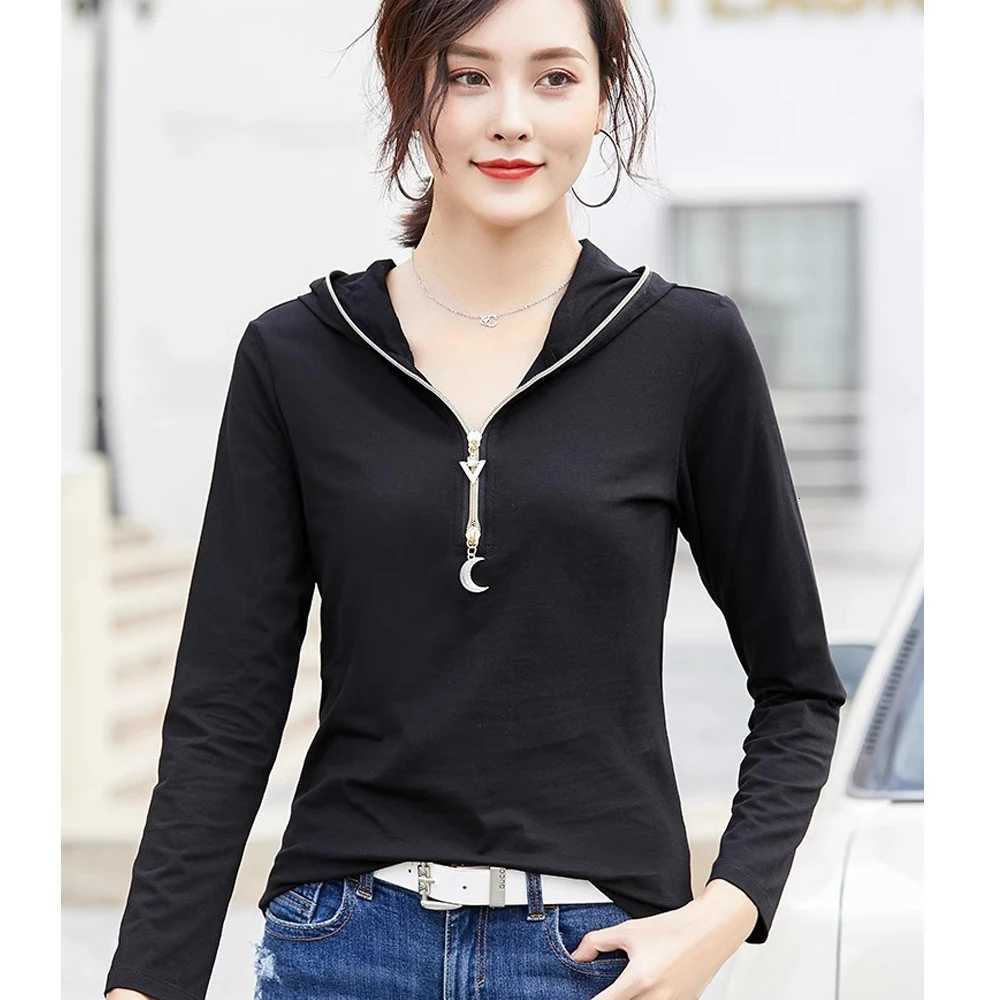 Womens 2024 new spring and autumn long sleeved hooded rose red top womens plus size tshirt thin cut hooded zip chain trendyZ250918