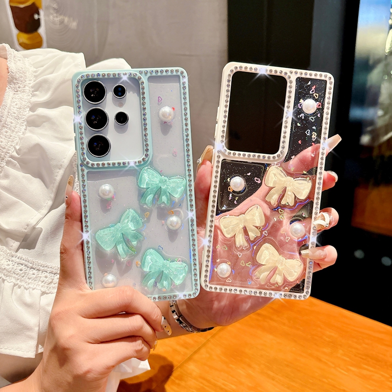 Bow Bling Diamond Cases For Iphone 17 Air 16 15 14 13 Pro Max Samsung S25 Ultra S24 FE A56 A06 A16 A26 A36 A15 Bowknot Glitter Heart Love Beads Hard P