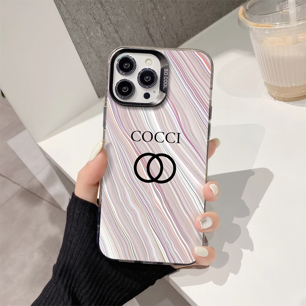 Luxury Designer Phone Case with Marble - Like Striped Pattern & "COCCI" Logo, Compatible with iPhone 11 - 16, Stylish Protective Cover