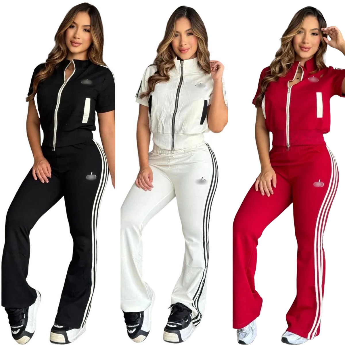 Panelled Tracksuits Women Casual Short Sleeve Jacket and Wide Leg Pants Set Free Ship