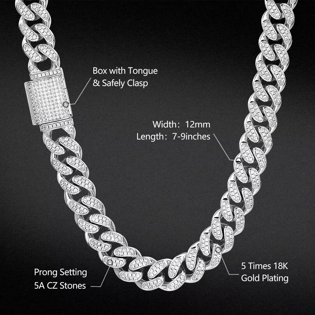 KRKC Hip Hop 12mm 18k Gold Box Clasp Miami Cuban Link Chain Iced Out Bling Moissanite Cubic Diamond Link Chain Cuban Necklace for Men