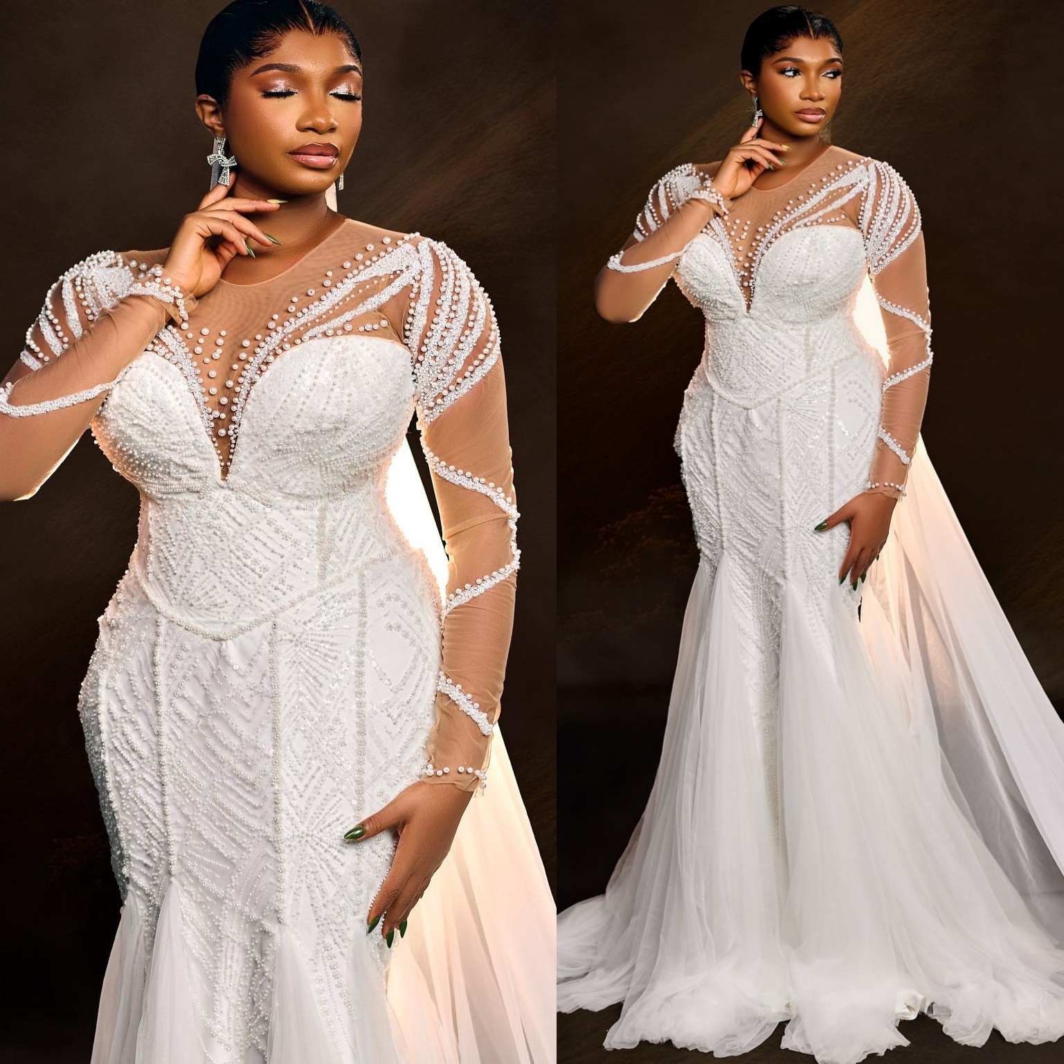 2025 Aso Ebi Plus Size Ivory Mermaid Wedding Dress Beaded Pearls Sheer Neck Full Sleeves Tulle Vintage Bridal Gowns Dresses ZJ0466