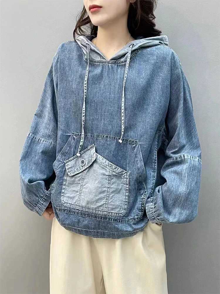 AmaxluluE 2025 Spring Fashion Denim Hoodies Women Vintage Hooded Classic Loose Sweatshirts Ladies Harajuku Casual Korean ClothesZ250918