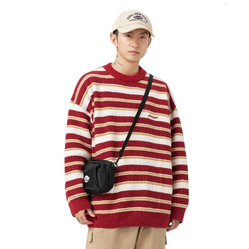 Autumn Winter Sweater Men Retro Contrasting Striped Knitwear Embroidery Loose Round Neck Long Sleeve Knitted Sweater JacketZ250918