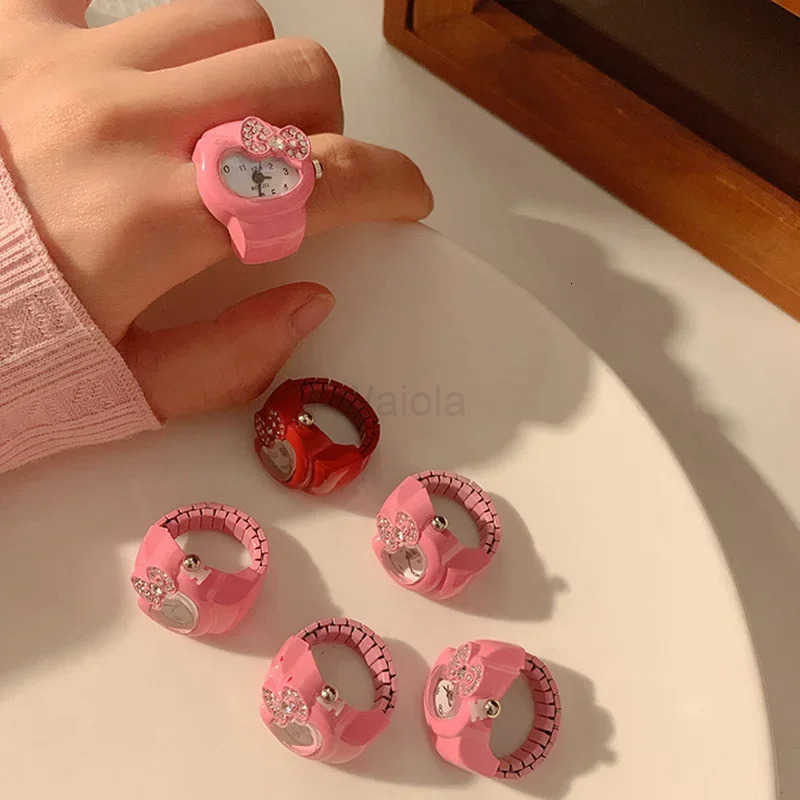 2pcs Sanrio wholesale Kawaii Hello Kitty Watch Ring Cute Kt Cat Bow Rhinestone Clock Ring Watch Girls Ornaments Children Toys Gifts L250918