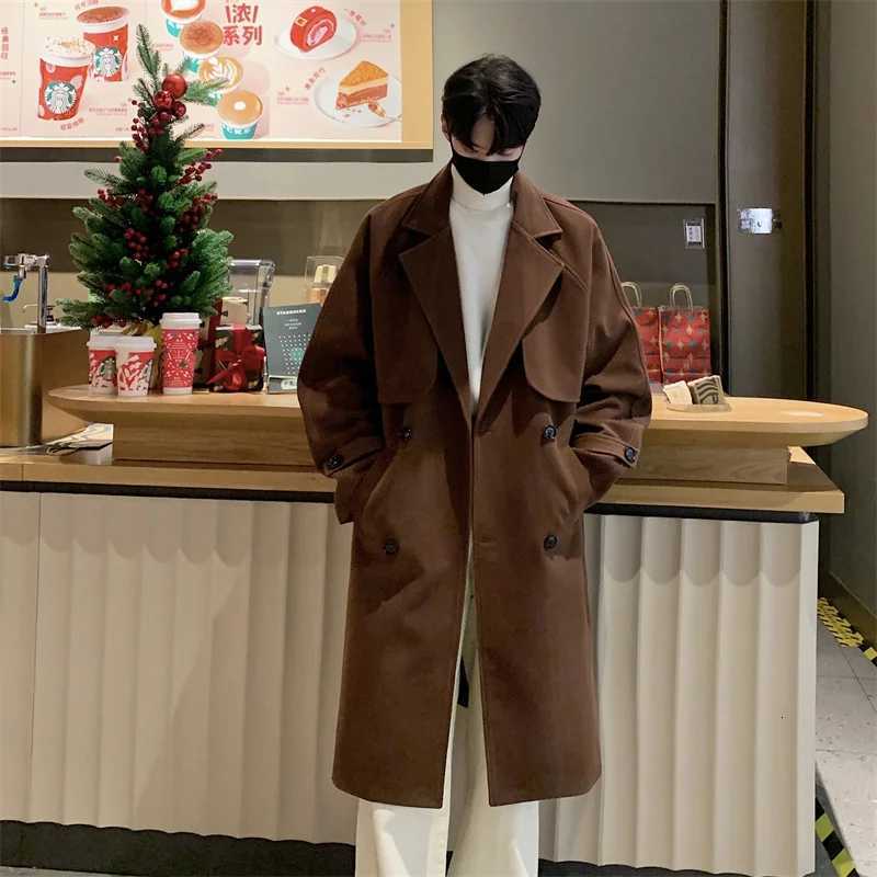 Mens Autumn Winter Mid Length Woolen Coat New Korean Tide Black Thickned Overcoat Long Sleeve Doublebreasted Jackets Z250918