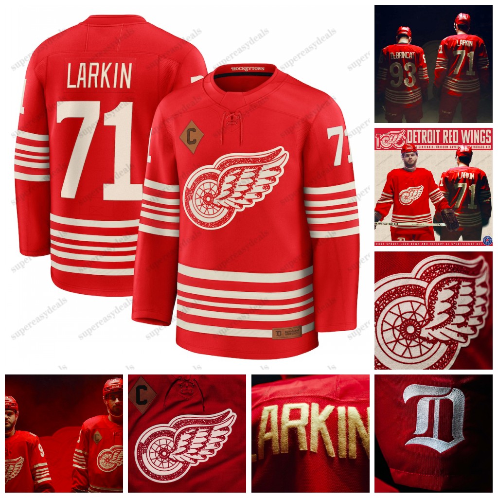 23 Lucas Raymond 2025-26 Hertiage-Rich Centennial Red Jerseys Wing Larkins Patrick Kane Moritz Seider Ben Chiarot Simon Edvinsson Campbell Custom jersey