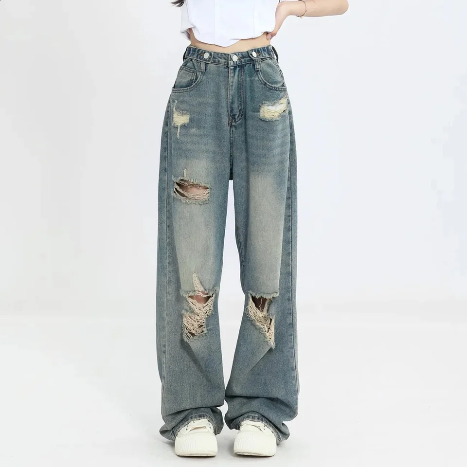 Vintage Hole Y2k Womens High Waisted Jeans Wide Loose Straight Leg Hiphop Street Wear Floor Length Denim Pants Z260313