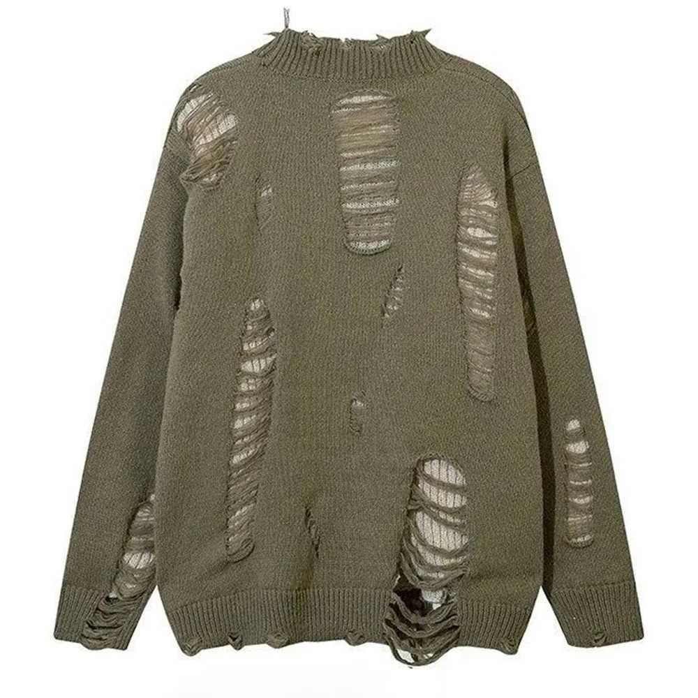 Mens Autumn Winter Ripped Sexy Cardigan Knitted Sweater Essential Hollow American High Street Loose Knitted Jacket For CouplesZ250918