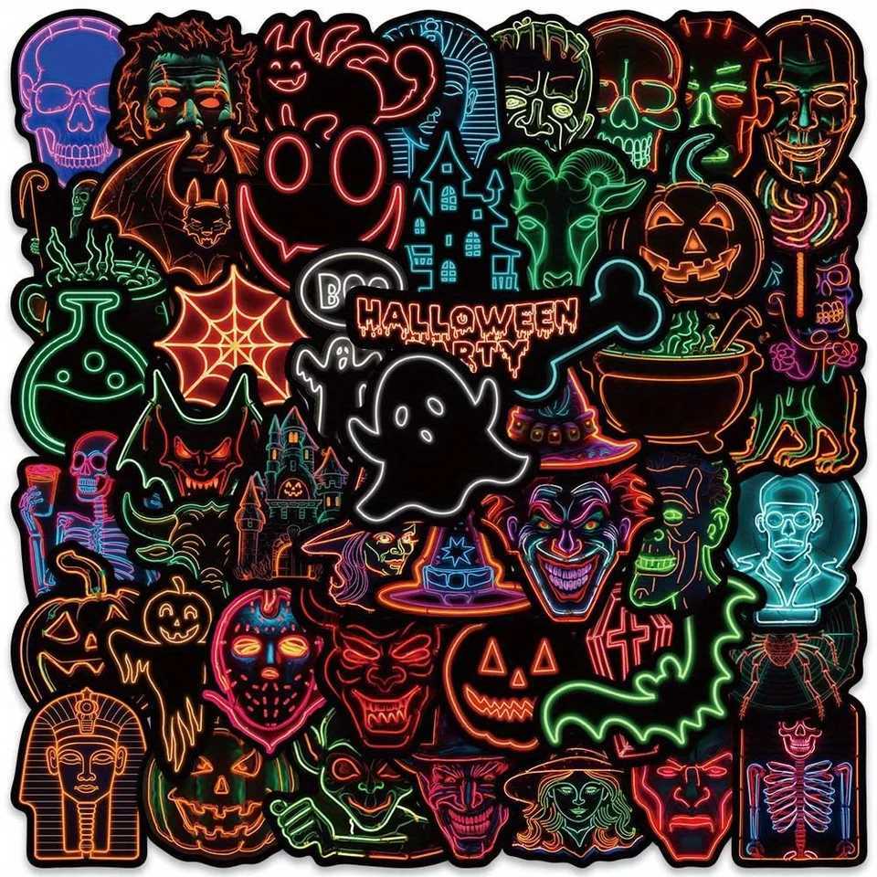 50pcs Neon Halloween Cartoon Graffiti Stickers Spooky Horror Decals for Water Bottles Party Supplies Reusable SelfAdhesive C250918