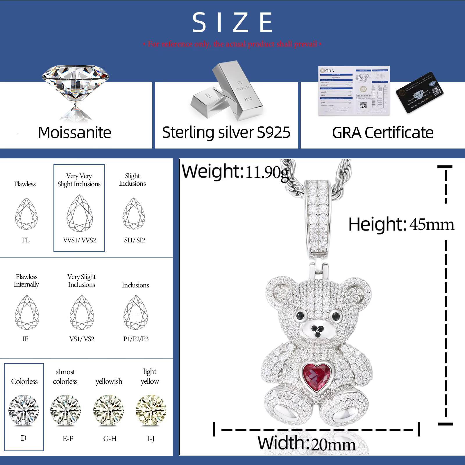 Fine Cartoon Jewelry Gold Plated Iced Out Heart Moissanite VVS Moissanite Diamond 925 Sterling Silver Men Bear Animal Pendant