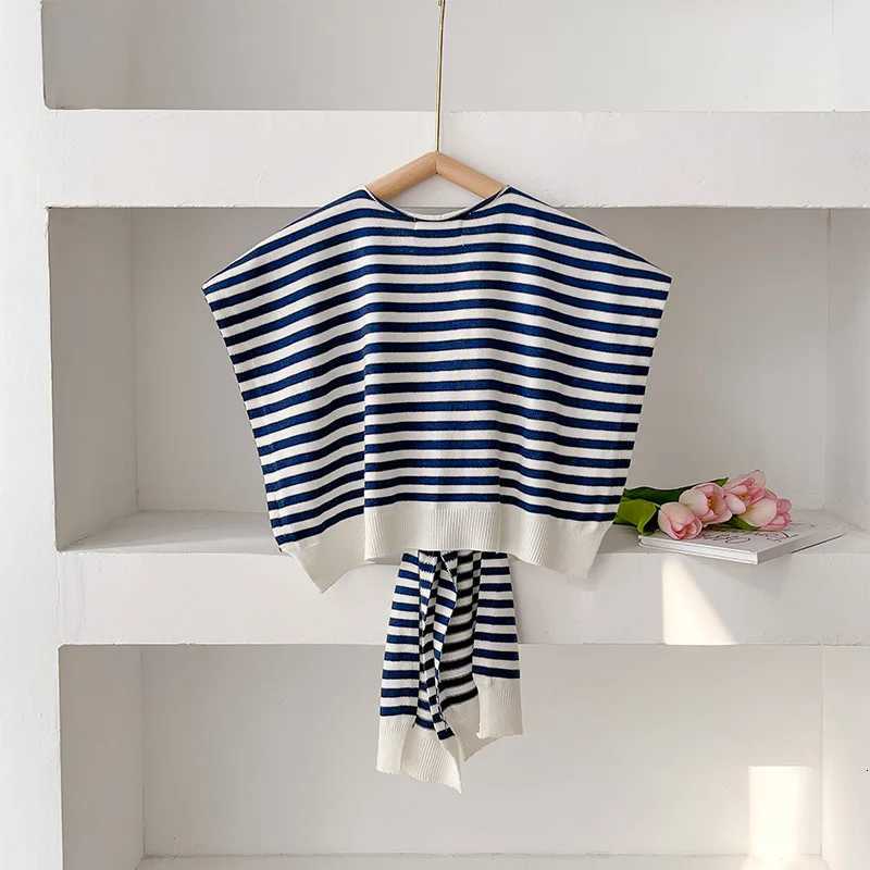 Korean Striped Knitted Warm Shl Winter Fem Blouse Shoders Fake Collar Neck Protection Ce Knotted Scarf Stripe Outerwear Y250918
