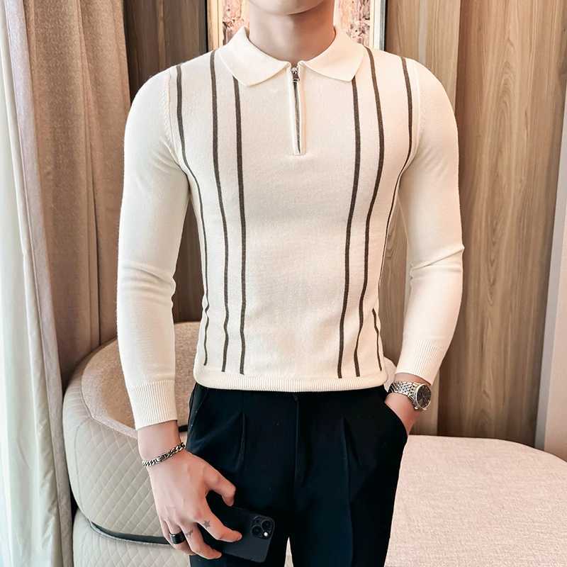 Autumn Winter Striped Sweater Men Quality Fashion Zipper Turn Down Collar Long Sleeve Mens Casual Sweaters Slim Fit Pull HommeZ250918
