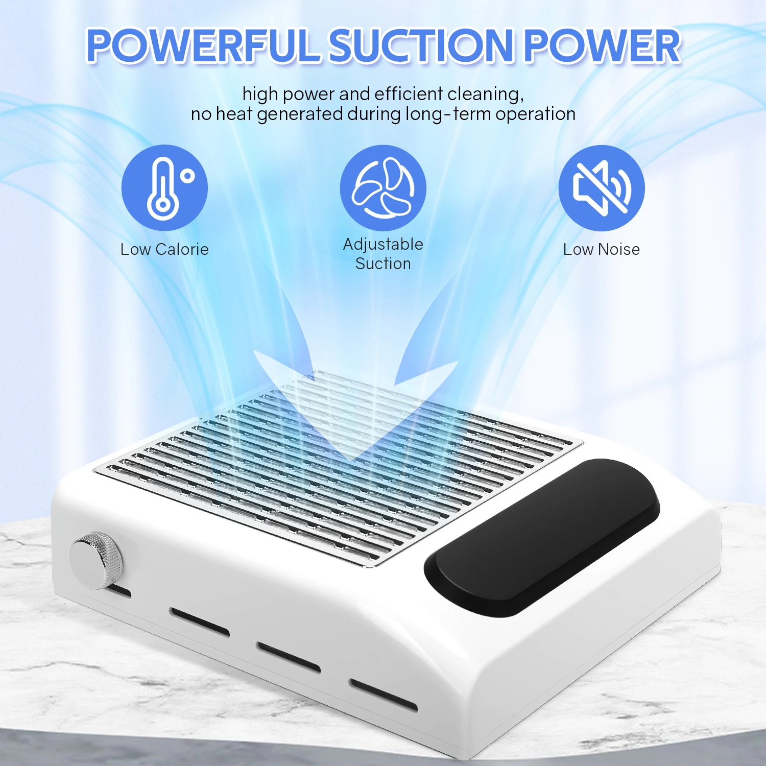 Power Suction with Brushless Turbine, Adjustable Speed Control, All-Round Porous Heat Dissipation, for Manicure Salon and Home Nail Art (White)