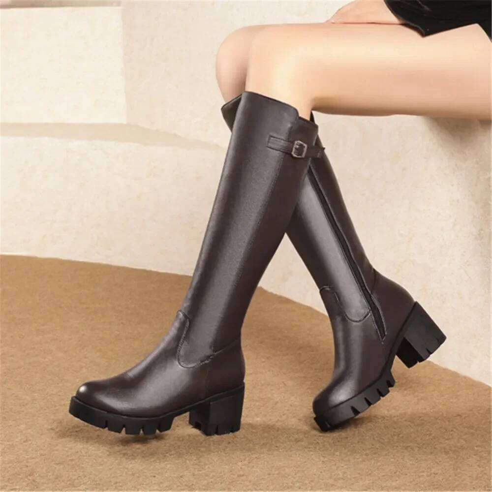 Casual Platform Snow Buckle Women Knee High Boots Warm Fur Winter Riding Boot Female Black Brown Shoes Large Size 45
