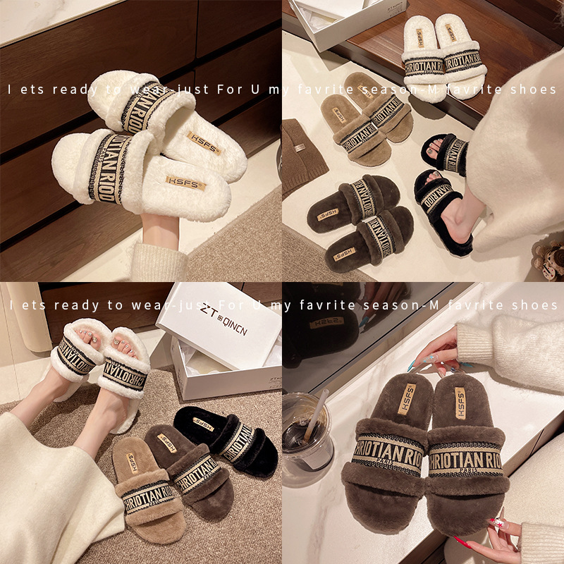 hot Free Shipping Designer slippers for womens flat slippers wihte black grey khaki New velvet warm flat embroidered cotton mop