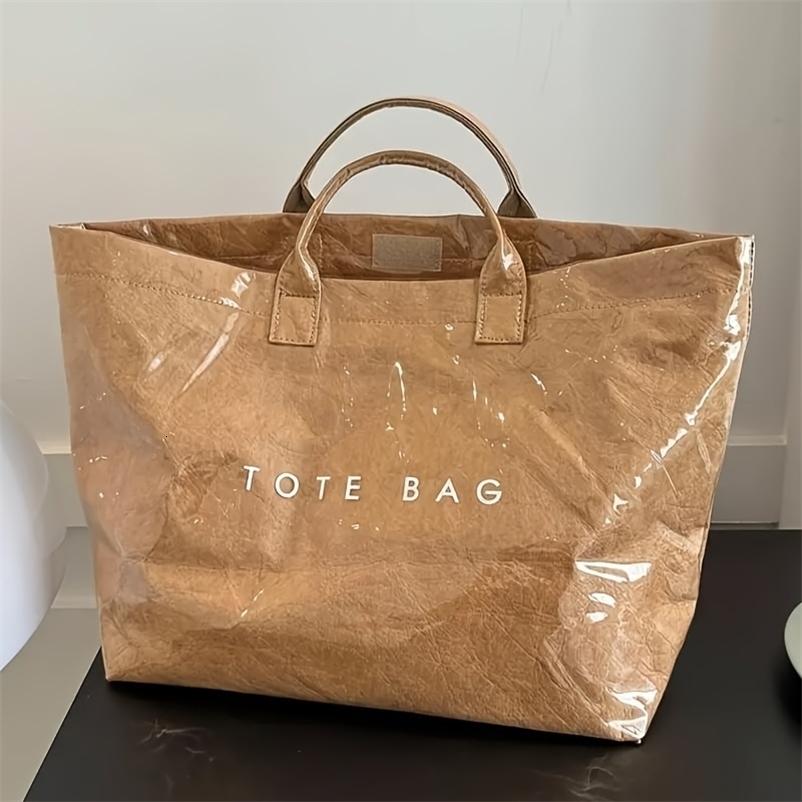 Chic PreppyStyle Large Capacity Tote Bag Lightweight PVC Kraft Paper With Magic Tape Closure 250917