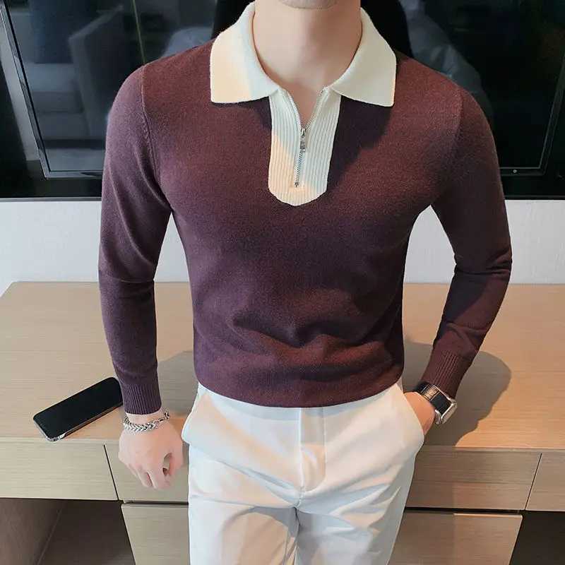 Trend Fashion Spring Autumn New Sweaters Mens Lapel Half Zipper Contrast Color Casual Loose Long Sleeve Pullovers Knitted TopsZ250918