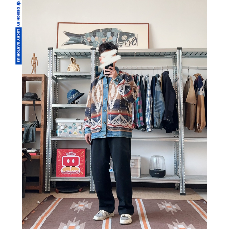 RRL 30th Anniversary Western Style Jacquard Heavy Washed Denim Jacket American Retro Coat Corduroy Collar 250121