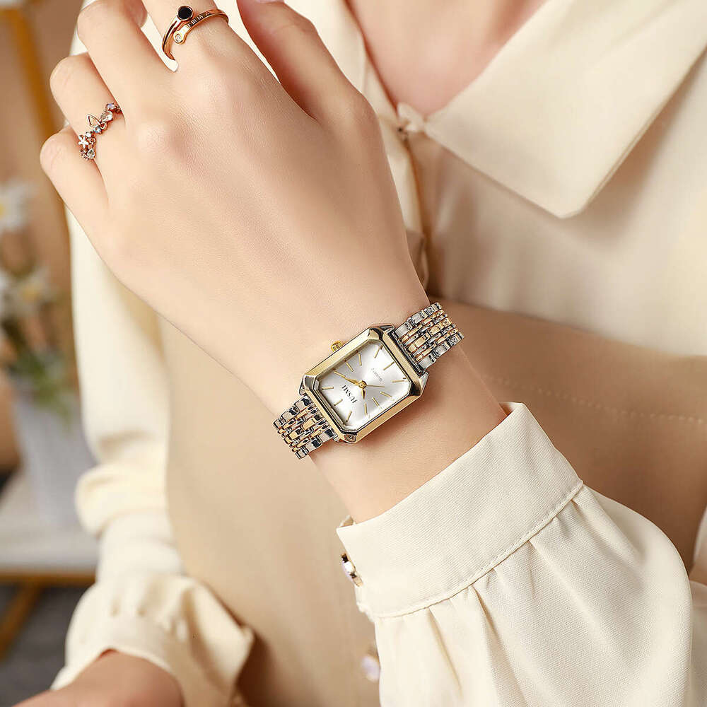 Fashionable and Exquisite Square Versatile Elegant Quartz Women's Watch Two-tone Alloy Strap Student Style