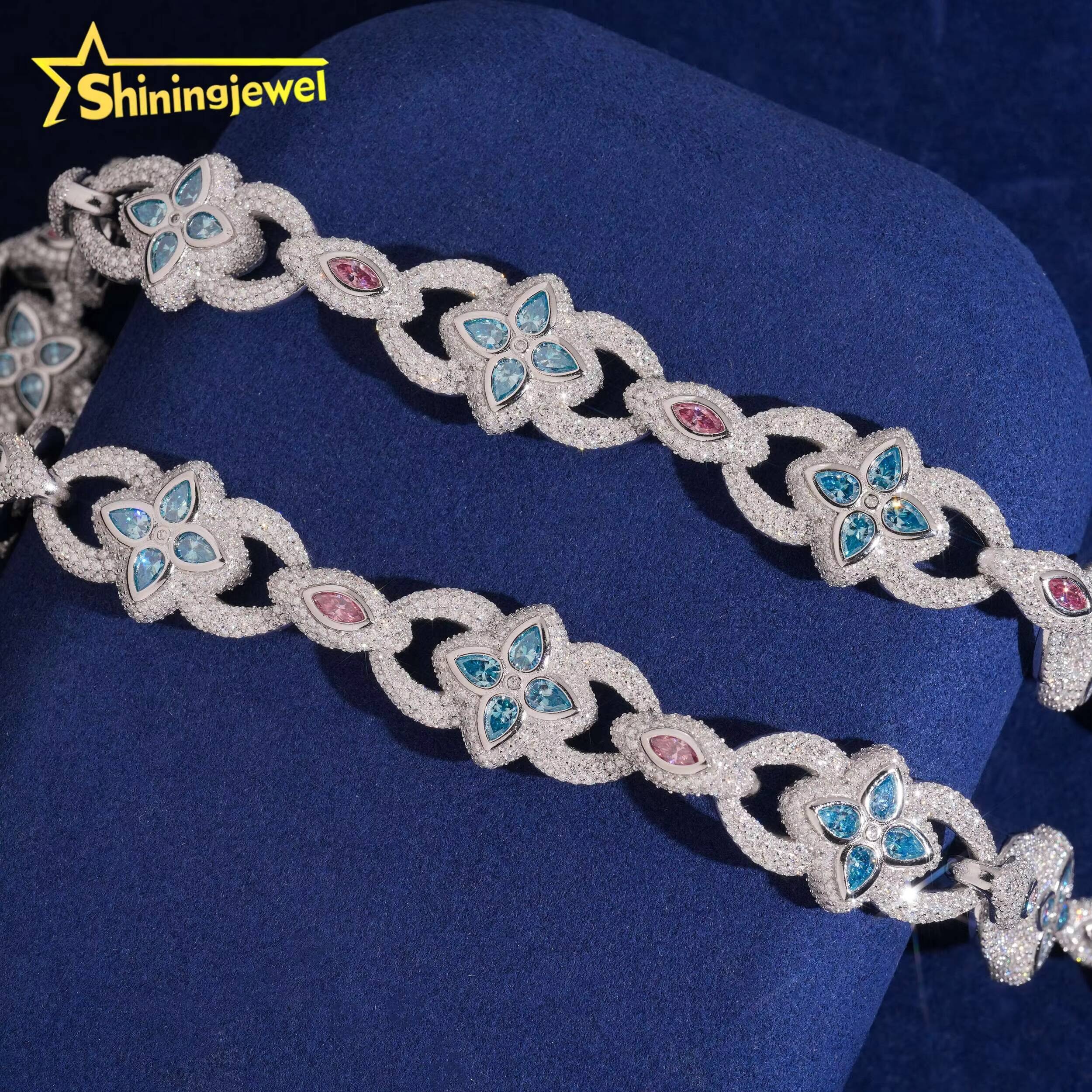 Fashion 20mm Blue VVS Moissanite Necklace 925 Silver Hip Hop Jewelry Iced Out Diamond Pink Marquise Cuban Link Chain Bracelet
